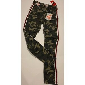 HOT KISS SKINNY LILY CAMOFLAUGE W/ RED, BLACK, WHITE STRIPE JEANS PANTS SIZE: 7